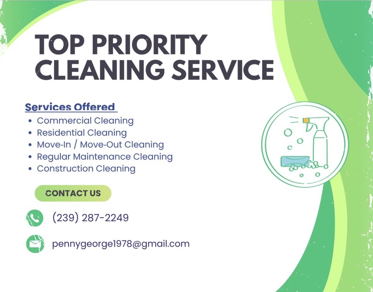 Top Priority Cleaning Service flyer, services, phone and email